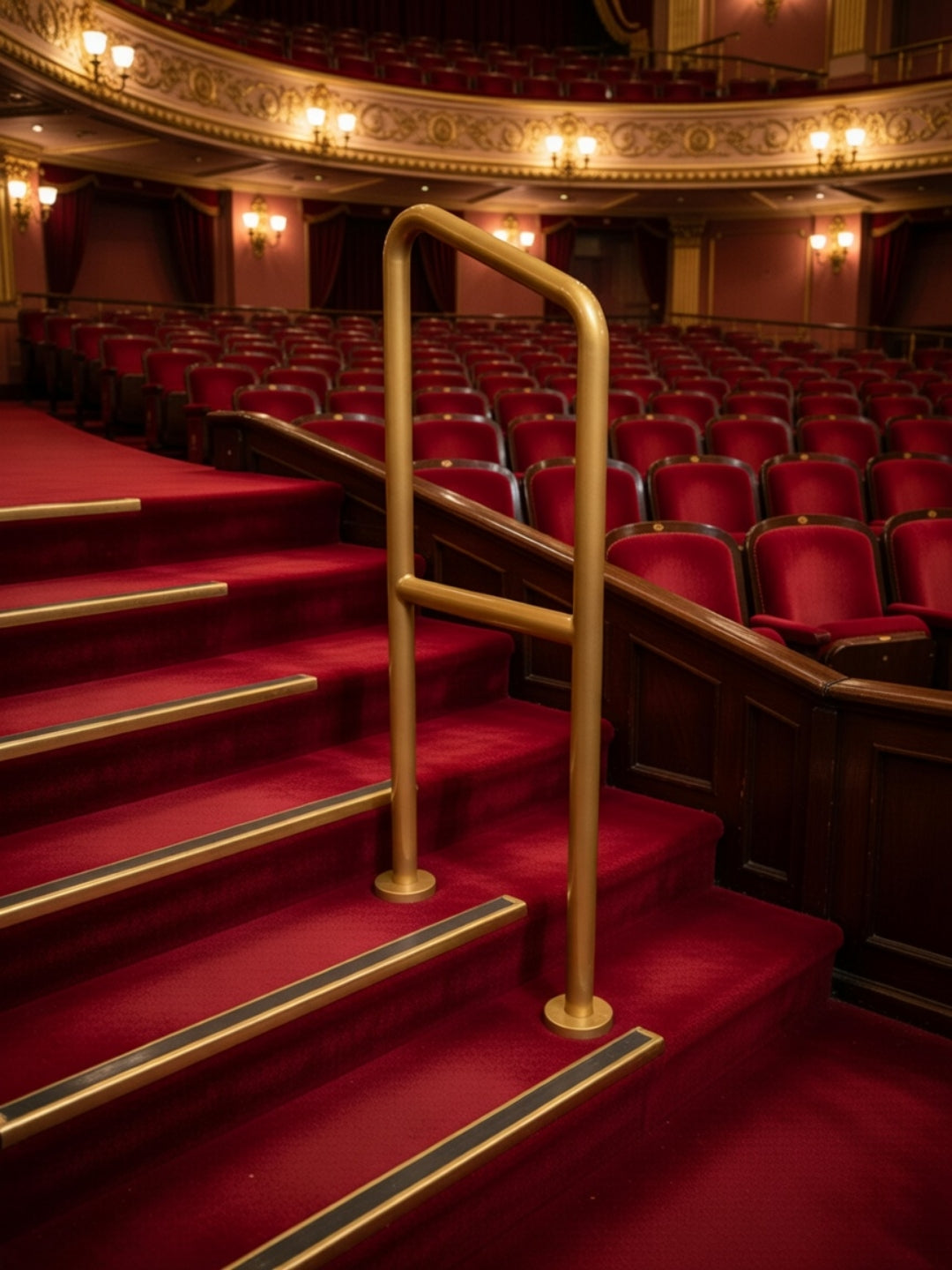 Warrior Weld brass effect handrail for theatre foyer and stairs