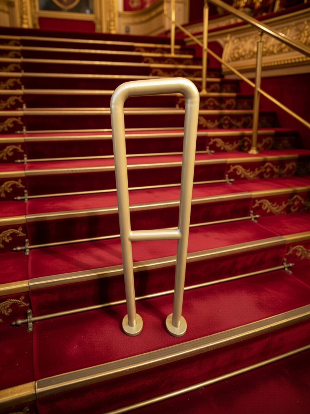 Welded steel brass effect handrail for playhouse auditorium